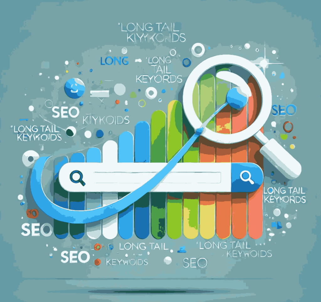 Graphic representation of 'Long Tail Keywords' featuring a search bar, magnifying glass icon, and a graph with a long tail curve symbolizing keyword popularity.