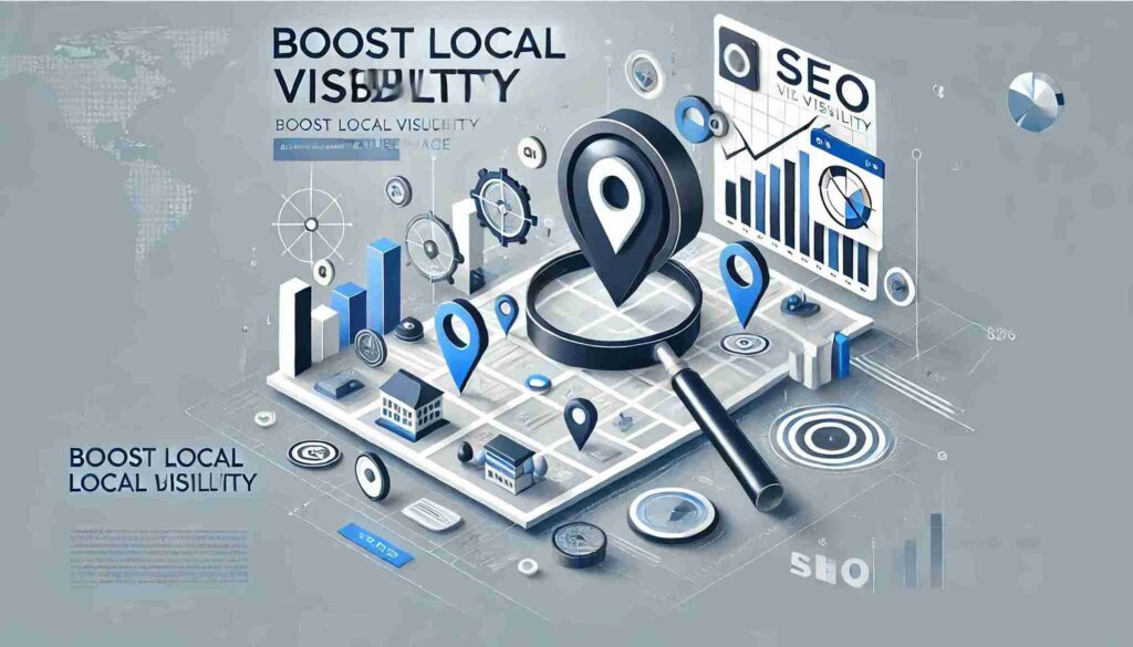 Illustration for '5 Local SEO Strategies to Increase Traffic & Rankings' featuring a map, location pins, and a magnifying glass.